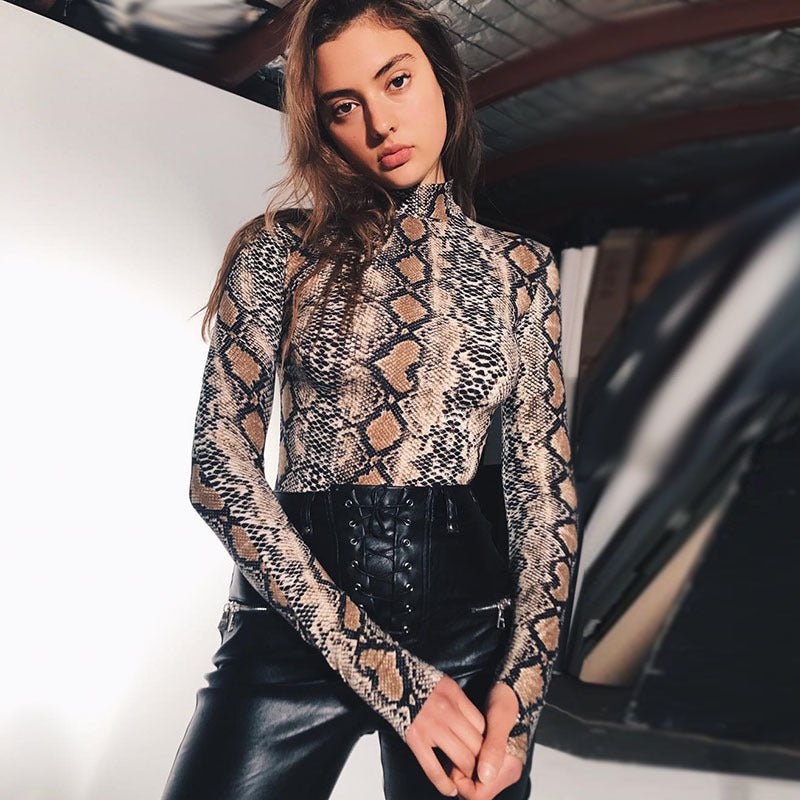 Sxy snake print long - sleeved mock - neck jumpsuit - Negative Apparel