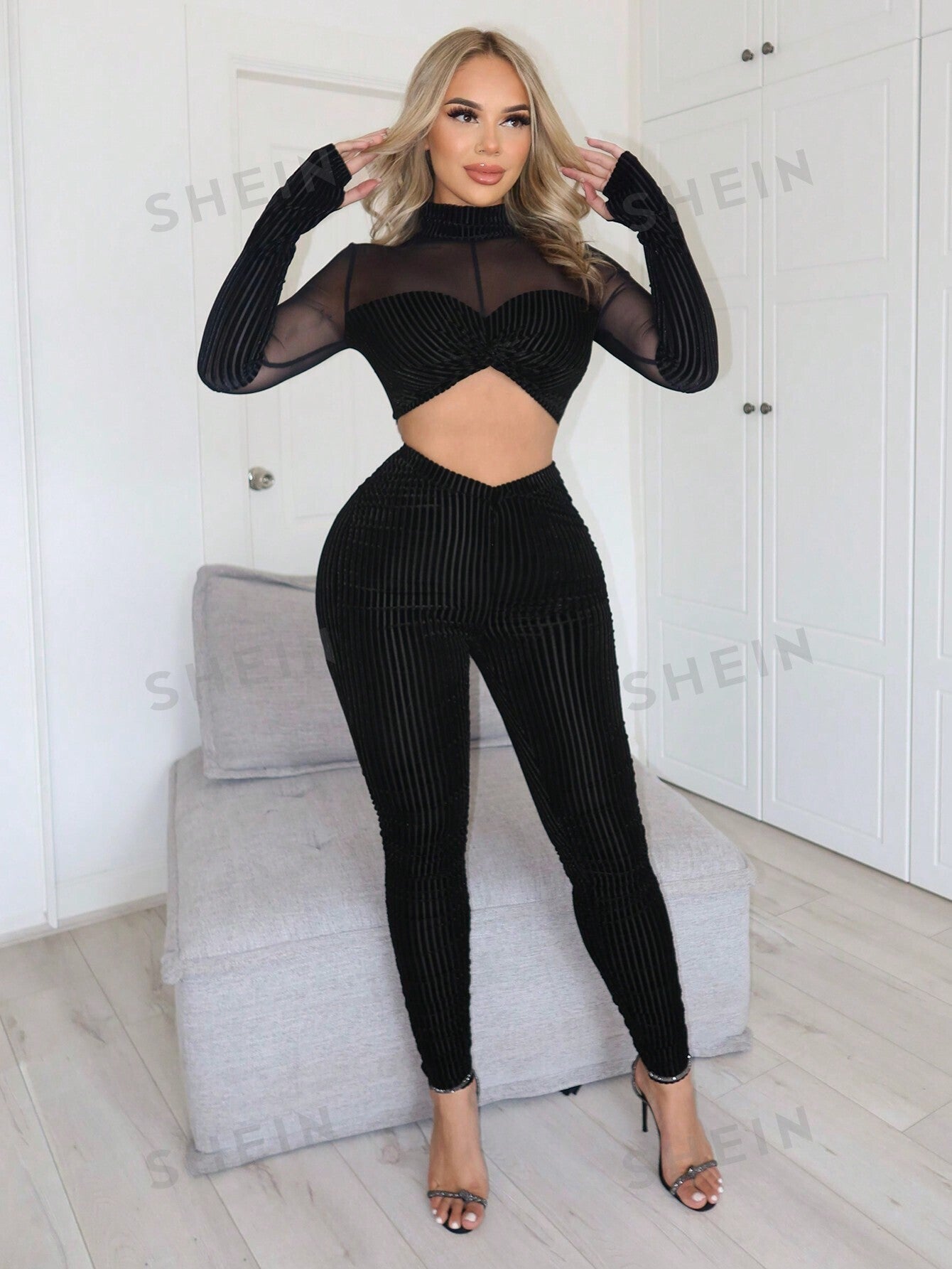 SXY women co ords Mesh Insert Mock Neck Crop Velvet Top & Leggings - Negative Apparel