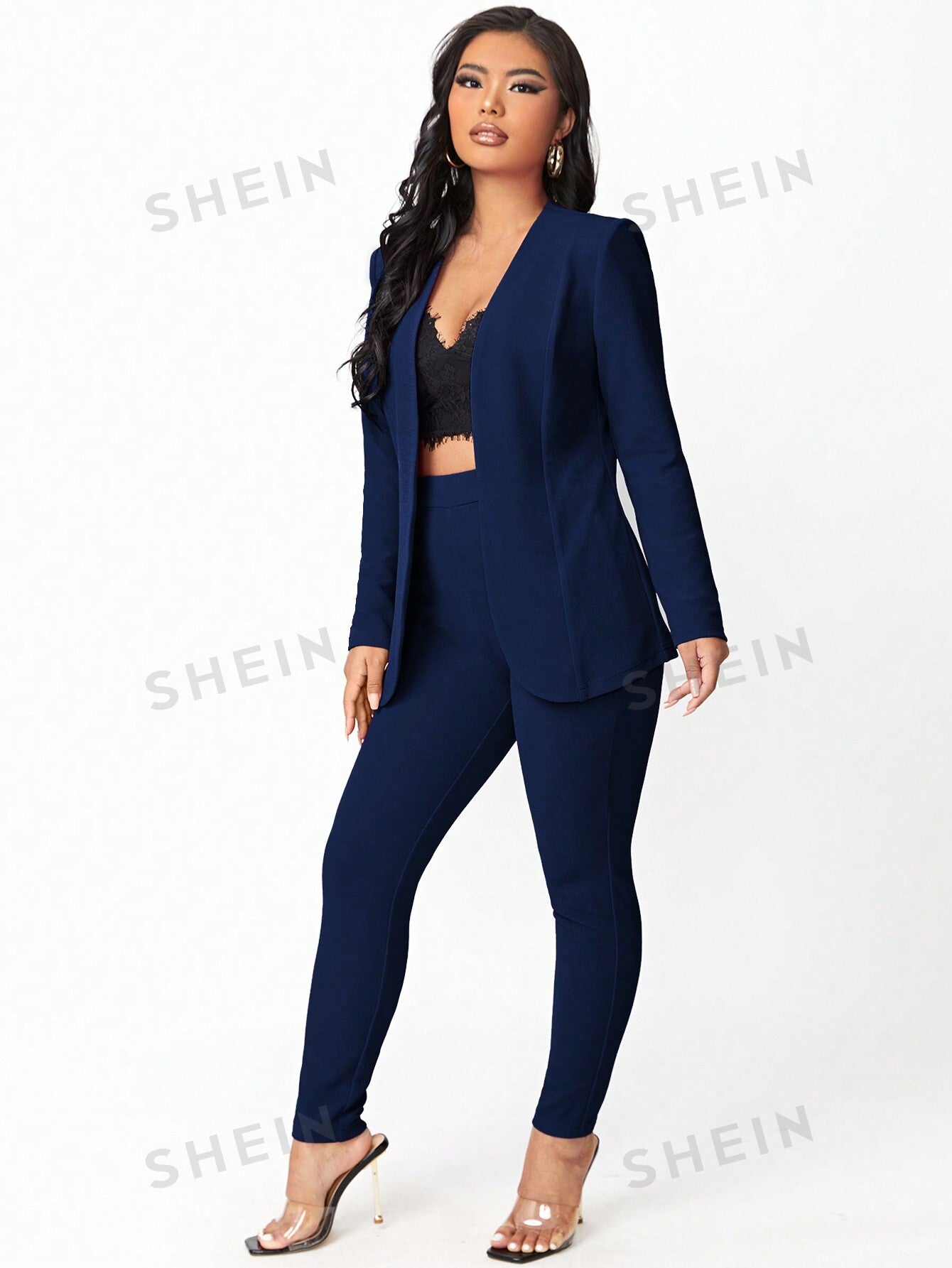 SXY Women's Solid Color Open Front Long Sleeve Blazer And Pants, Elegant Commuting Suit For Spring And Autumn - Negative Apparel