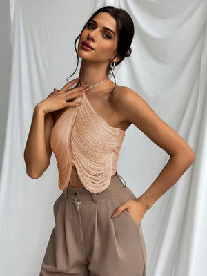 Tassel Halter Neck Wedding Season Elegant Women Camisole Top - Negative Apparel