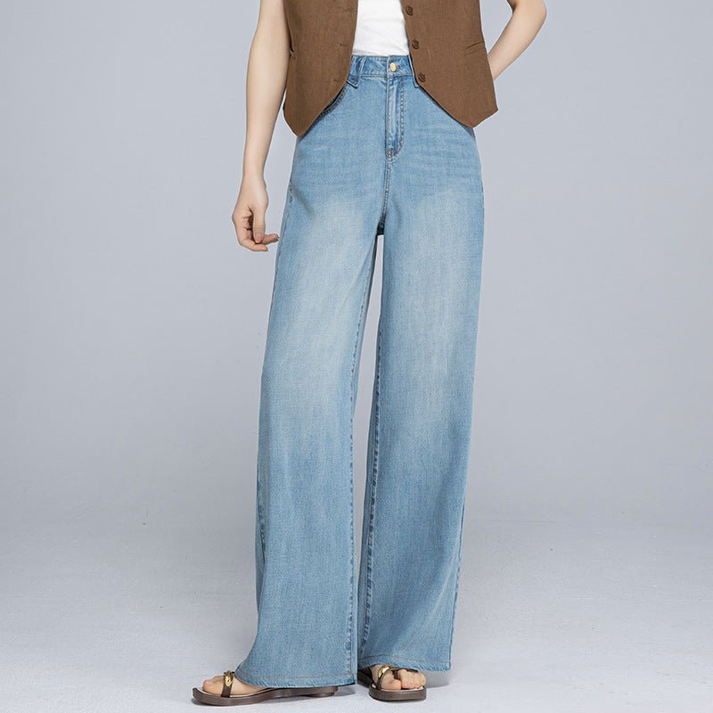 Tencel Hemp Summer Thin Cool Elegant Straight Pants Elastic Waist Skinny Wide Leg Denim Floor Mopping Pants - Negative Apparel