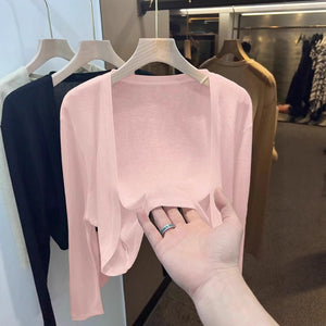 Tencel solid color knitted sunscreen shirt cardigan spring and summer thin outer French tulle jacket air - conditioned blouse shawl - Negative Apparel