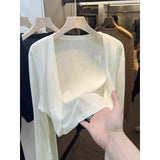 Tencel solid color knitted sunscreen shirt cardigan spring and summer thin outer French tulle jacket air - conditioned blouse shawl - Negative Apparel