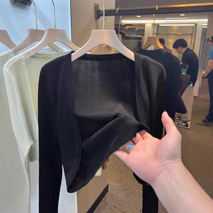 Tencel solid color knitted sunscreen shirt cardigan spring and summer thin outer French tulle jacket air - conditioned blouse shawl - Negative Apparel