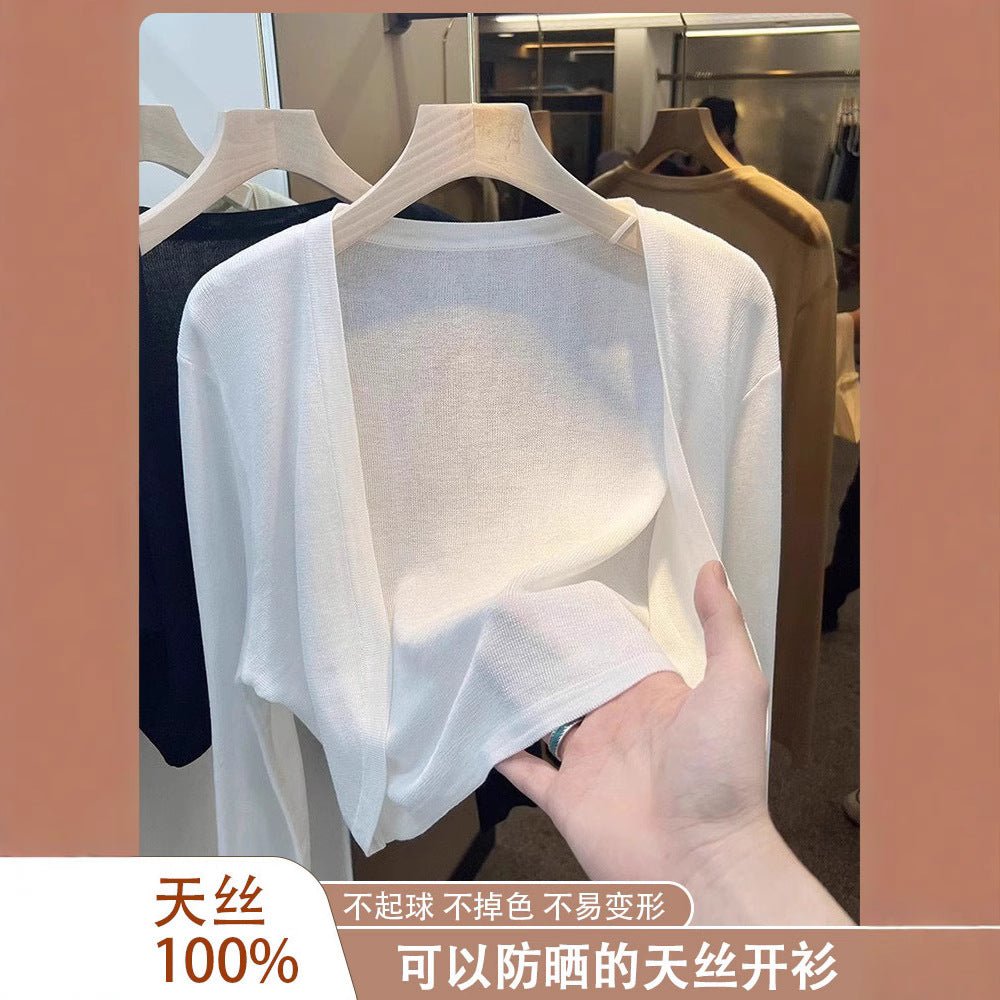 Tencel solid color knitted sunscreen shirt cardigan spring and summer thin outer French tulle jacket air - conditioned blouse shawl - Negative Apparel