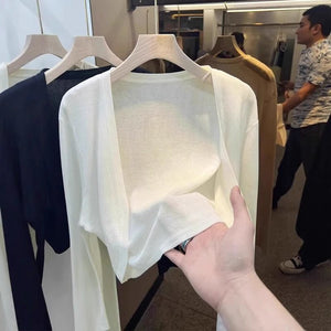 Tencel solid color knitted sunscreen shirt cardigan spring and summer thin outer French tulle jacket air - conditioned blouse shawl - Negative Apparel