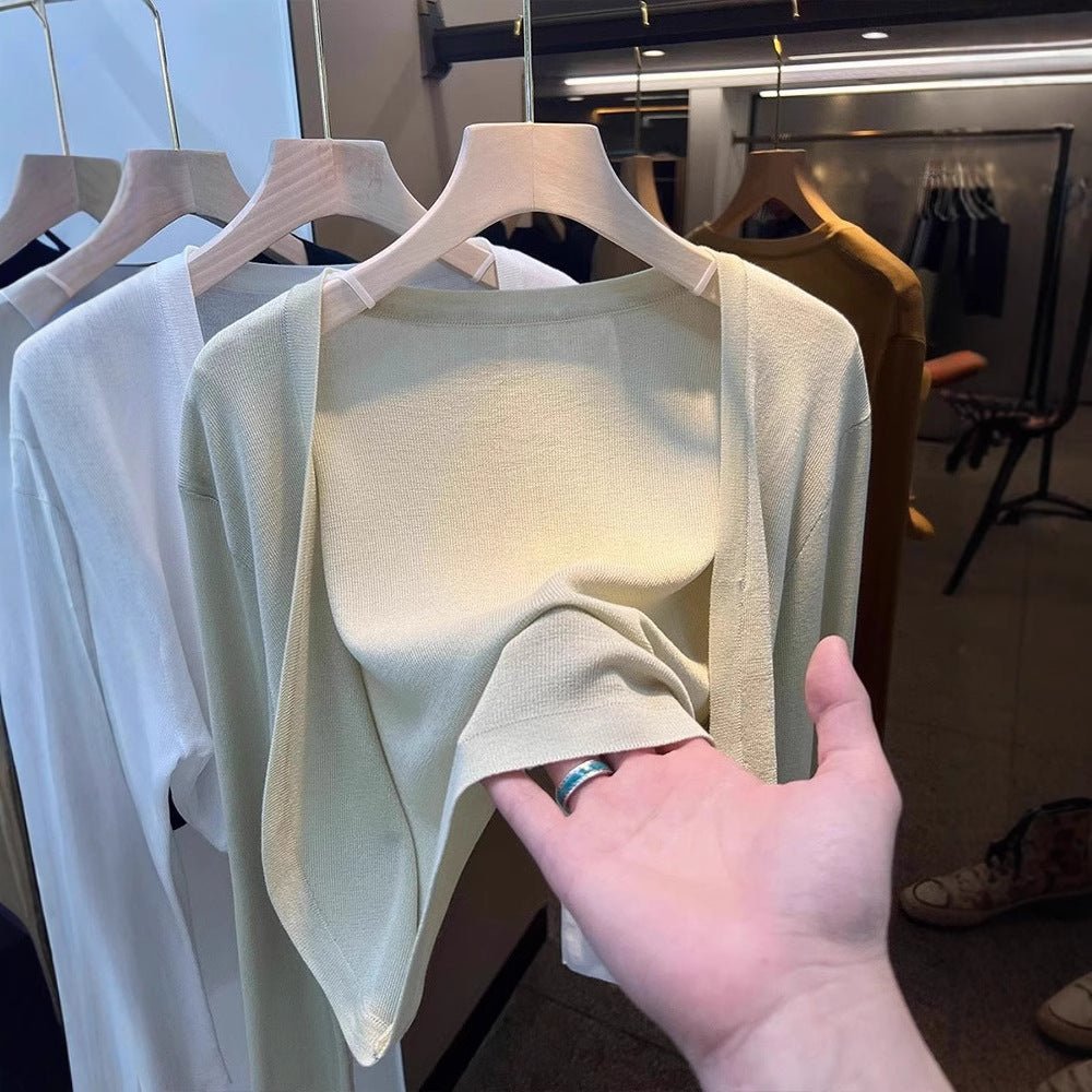 Tencel solid color knitted sunscreen shirt cardigan spring and summer thin outer French tulle jacket air - conditioned blouse shawl - Negative Apparel