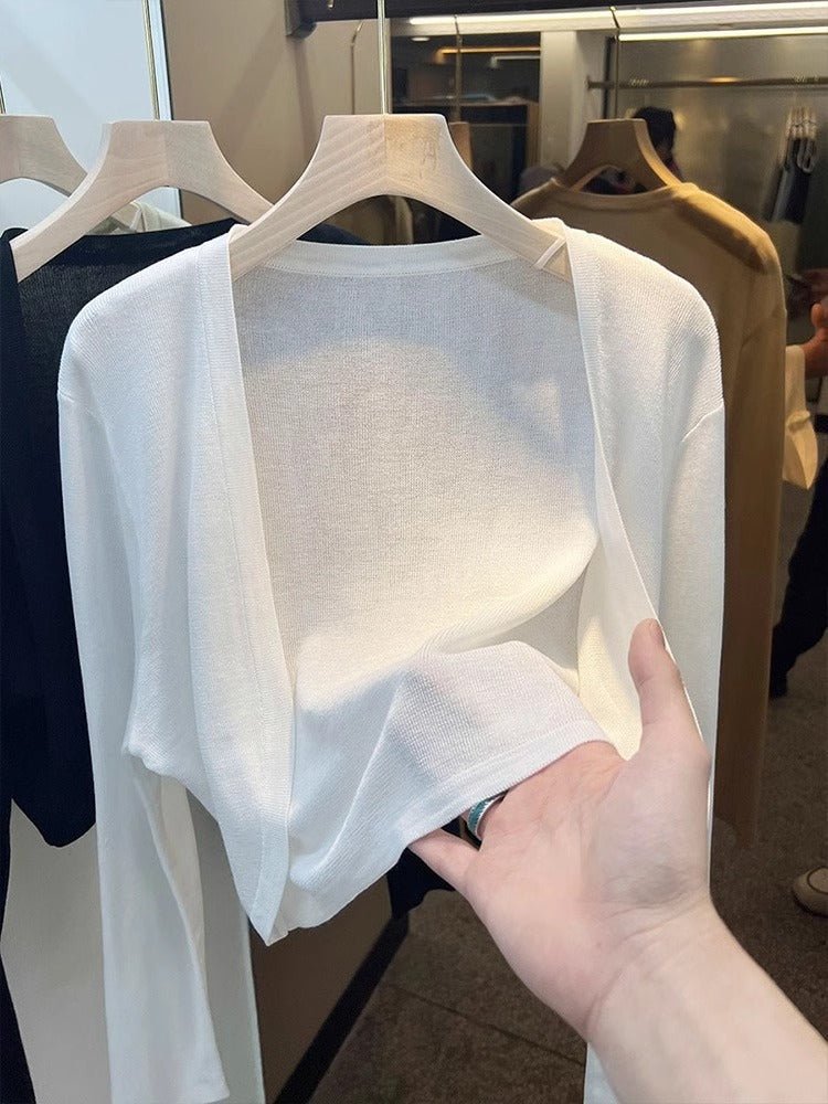 Tencel solid color knitted sunscreen shirt cardigan spring and summer thin outer French tulle jacket air - conditioned blouse shawl - Negative Apparel