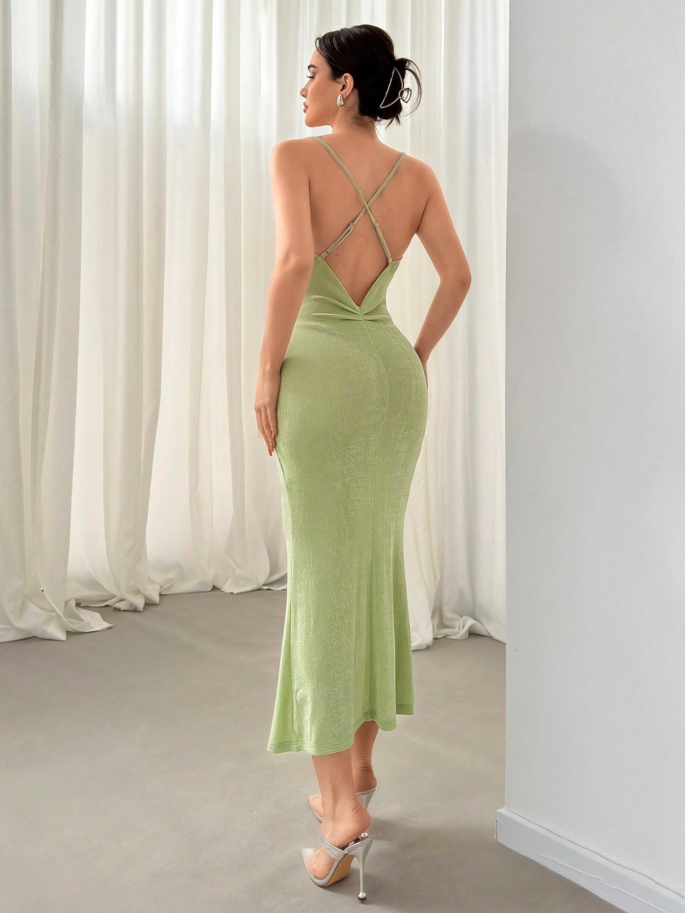 Textured Fish Tail Hem Backless Cami Dress - Negative Apparel