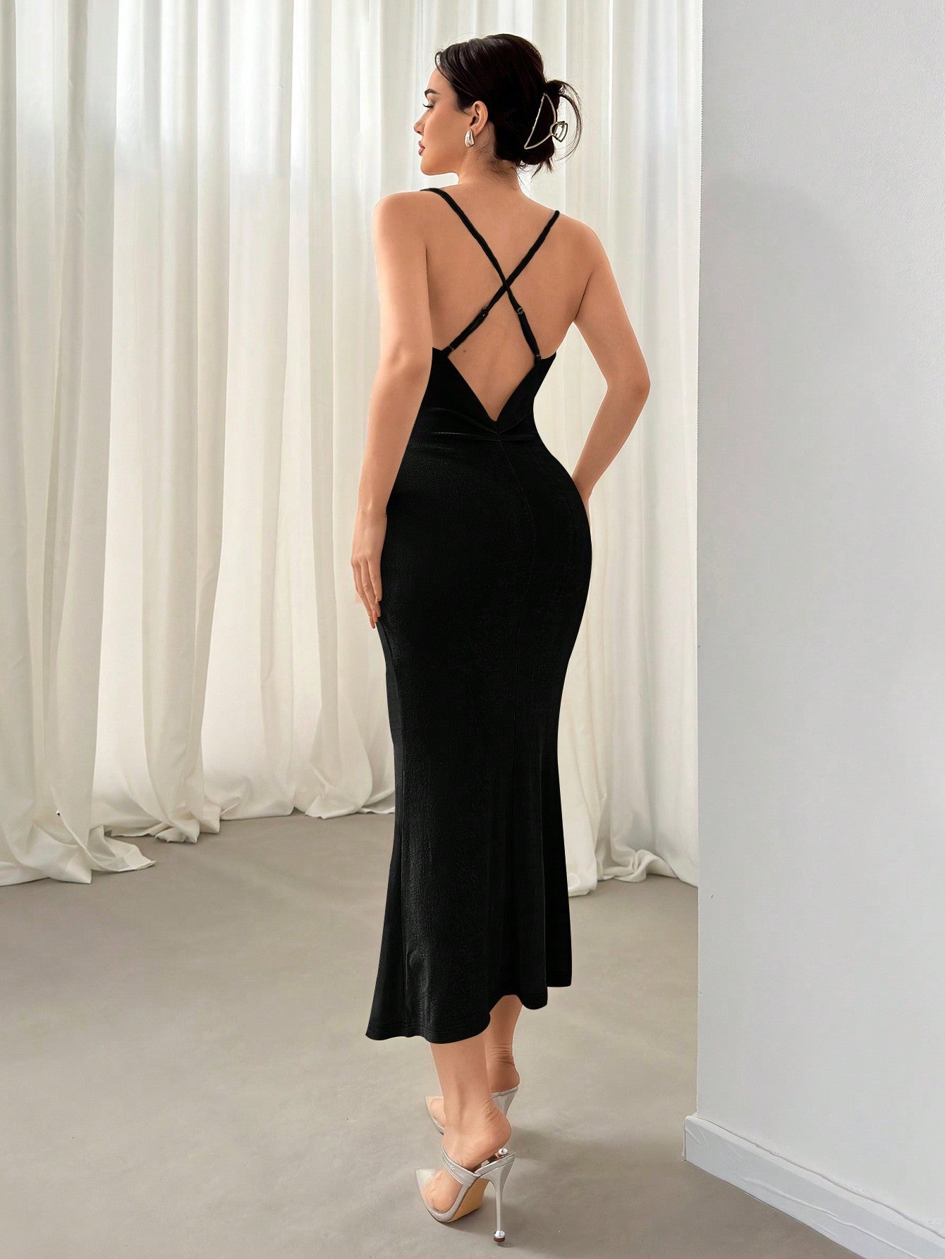 Textured Fish Tail Hem Backless Cami Dress - Negative Apparel