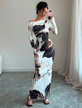 The Artistic Flow | Multicolor All - Over Print Asymmetric Long - Sleeve Maxi Dress - Negative Apparel