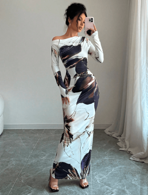 The Artistic Flow | Multicolor All - Over Print Asymmetric Long - Sleeve Maxi Dress - Negative Apparel