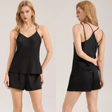 The Backless Allure | Black Satin Backless Cami & Shorts Two - Piece Sleep Set - Negative Apparel