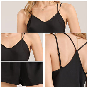 The Backless Allure | Black Satin Backless Cami & Shorts Two - Piece Sleep Set - Negative Apparel
