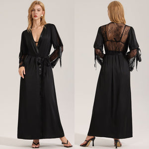 The Backless Seduction | Black Satin Long Backless Belted Robe - Negative Apparel