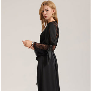 The Backless Seduction | Black Satin Long Backless Belted Robe - Negative Apparel