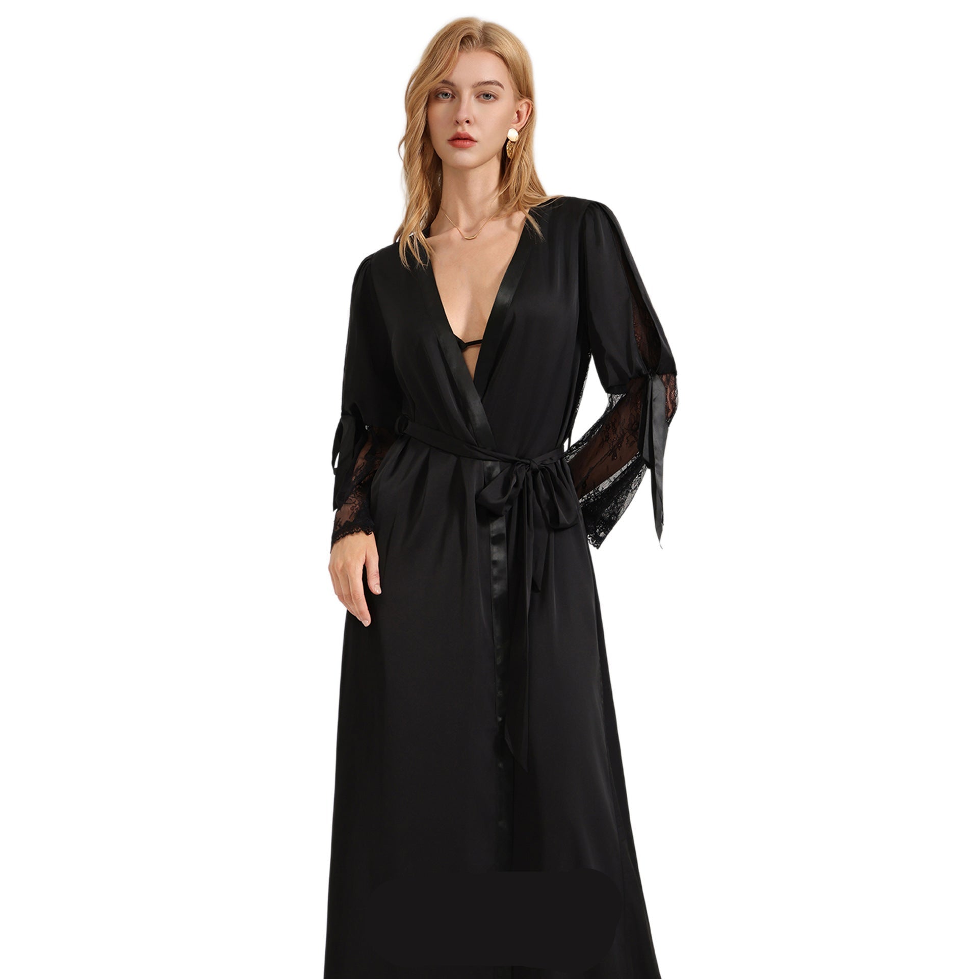 The Backless Seduction | Black Satin Long Backless Belted Robe - Negative Apparel