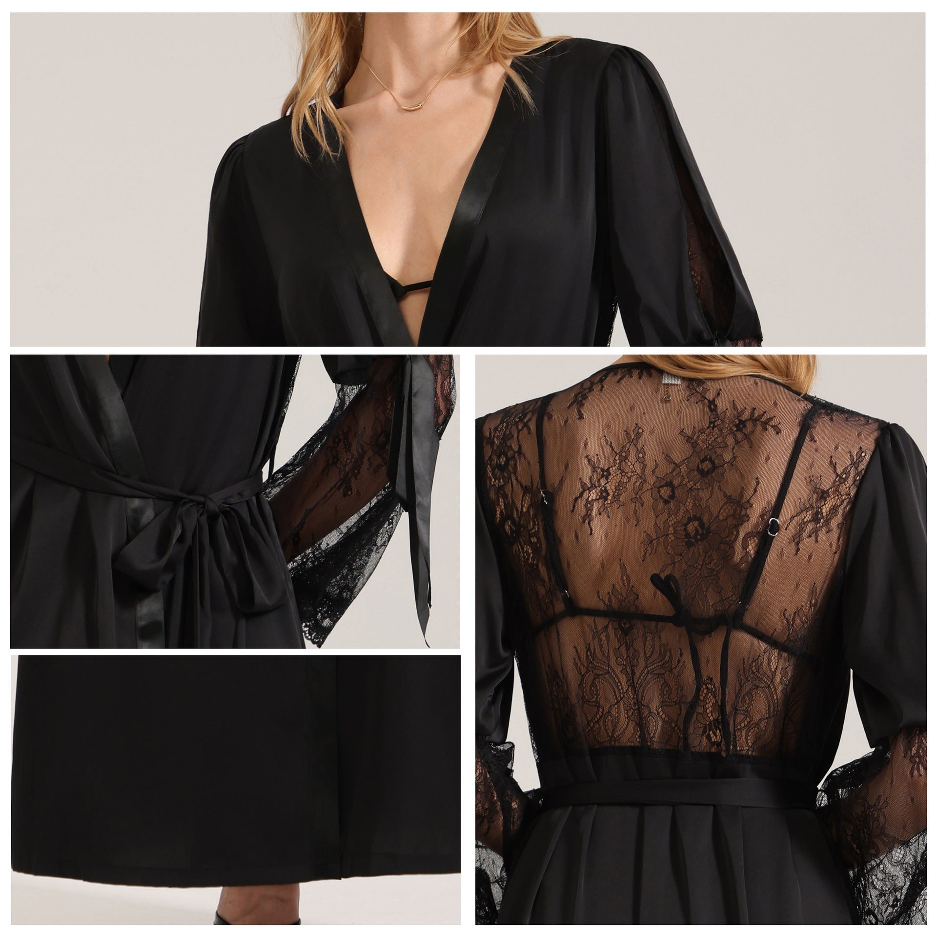 The Backless Seduction | Black Satin Long Backless Belted Robe - Negative Apparel