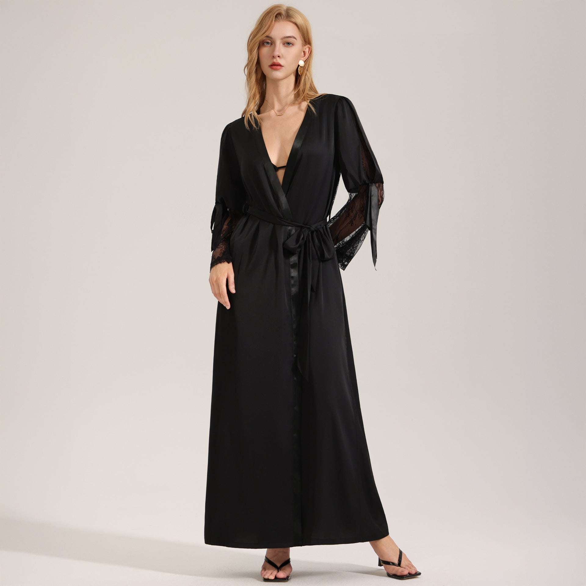 The Backless Seduction | Black Satin Long Backless Belted Robe - Negative Apparel