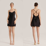 The Backless Temptation | Black Satin Strap Mini Sleep Dress - Negative Apparel
