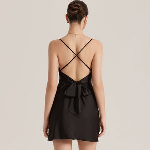 The Backless Temptation | Black Satin Strap Mini Sleep Dress - Negative Apparel