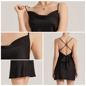 The Backless Temptation | Black Satin Strap Mini Sleep Dress - Negative Apparel