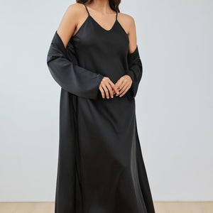 The Champagne Luxe | Women's Satin Suspender Chemise & Long Robe Two - Piece Set - Negative Apparel