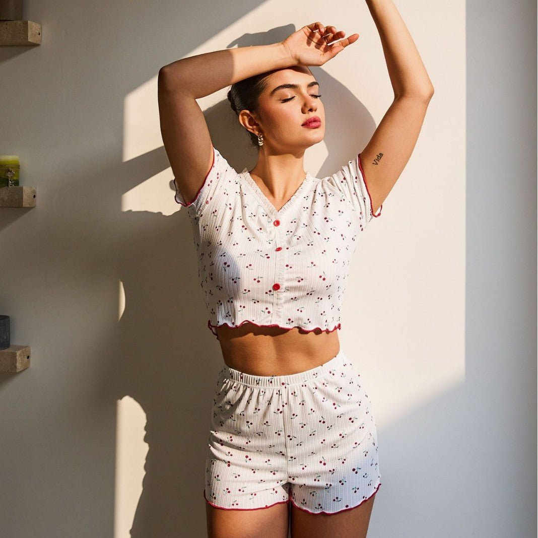 The Cherry Lace | Printed Lace Button Short - Sleeve Top & Shorts Pajama Set - Negative Apparel