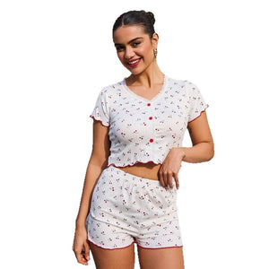 The Cherry Lace | Printed Lace Button Short - Sleeve Top & Shorts Pajama Set - Negative Apparel