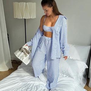 The Coastal Chic | Striped 3 - Piece Cotton - Blend Loungewear Set - Negative Apparel