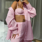The Coastal Chic | Striped 3 - Piece Cotton - Blend Loungewear Set - Negative Apparel