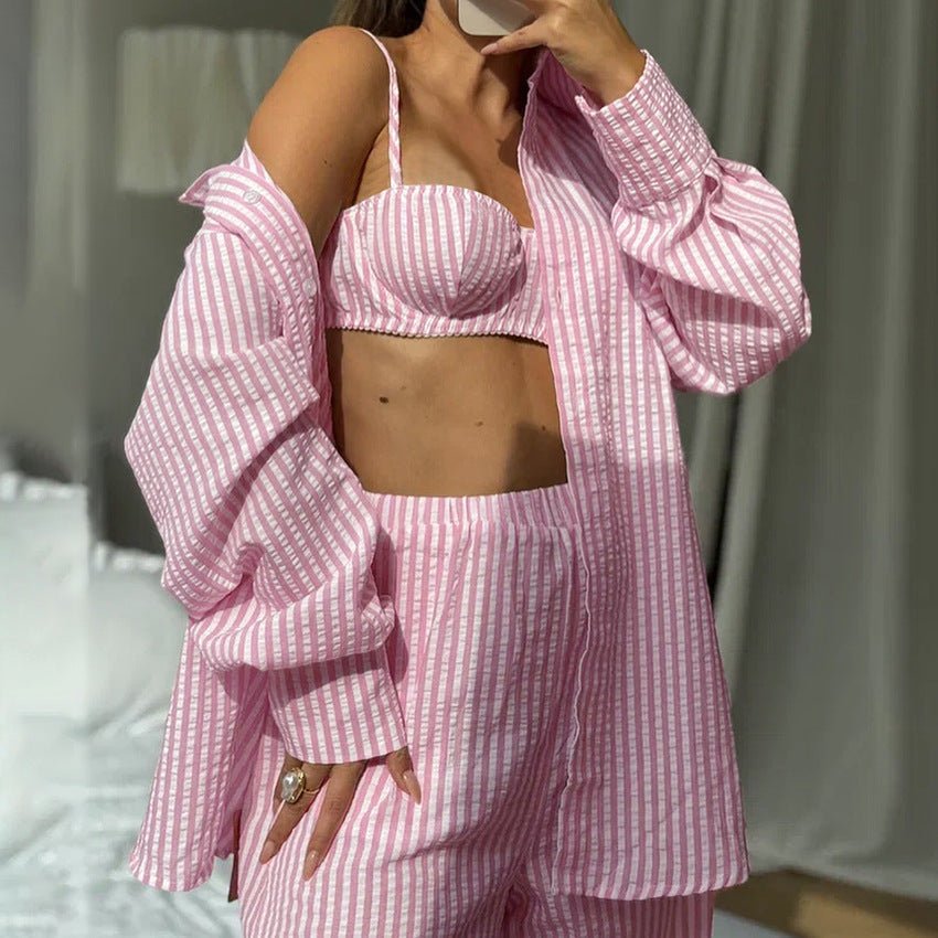 The Coastal Chic | Striped 3 - Piece Cotton - Blend Loungewear Set - Negative Apparel