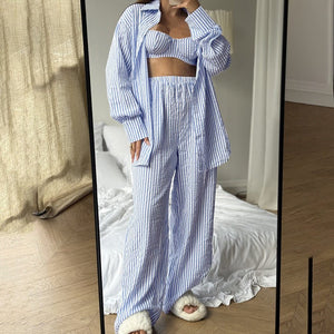 The Coastal Chic | Striped 3 - Piece Cotton - Blend Loungewear Set - Negative Apparel