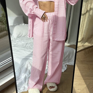 The Coastal Chic | Striped 3 - Piece Cotton - Blend Loungewear Set - Negative Apparel