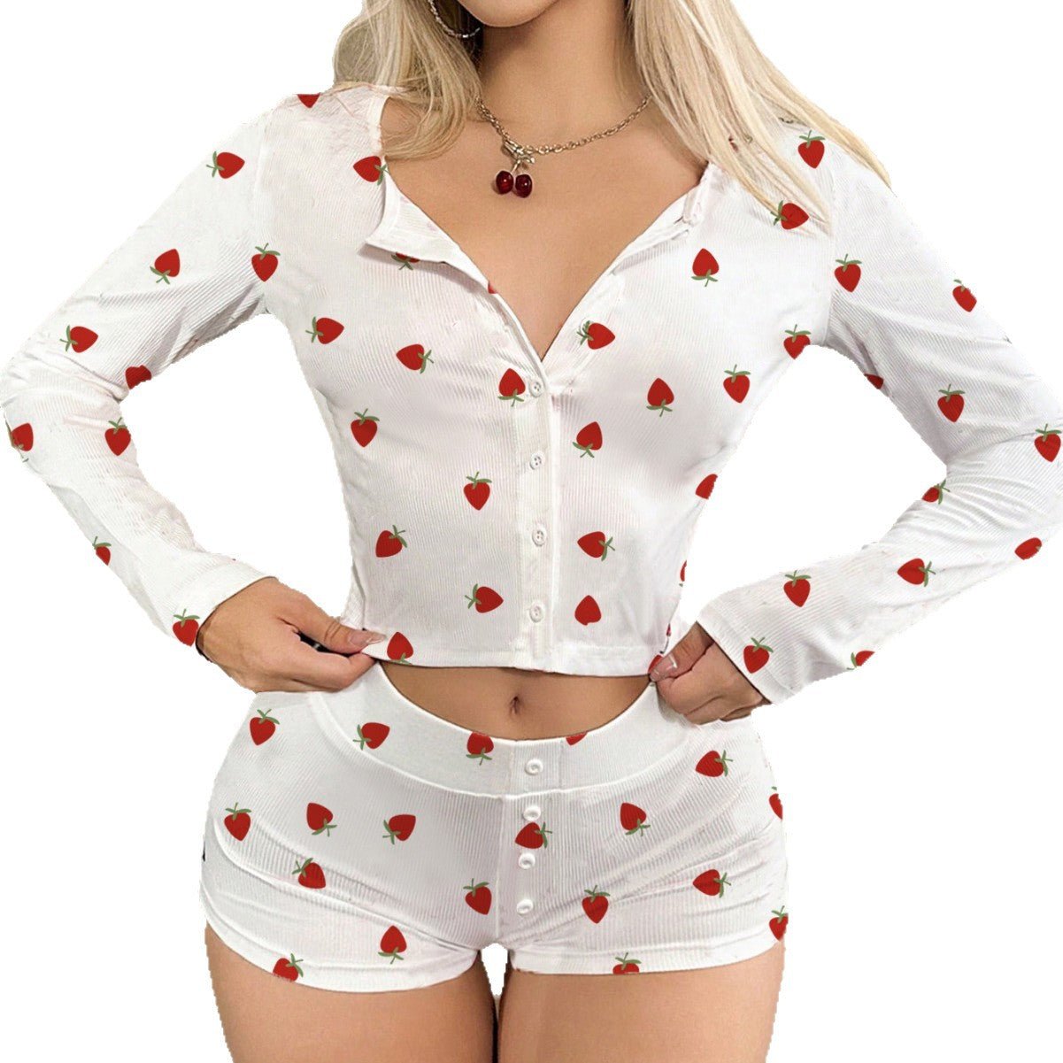 The Cozy Charm | Printed Long - Sleeve Cardigan & Shorts Pajama Set - Negative Apparel
