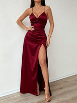 The Crimson Elegance | Women's Sleeveless V - Neck High - Slit Mermaid Maxi Dress - Negative Apparel
