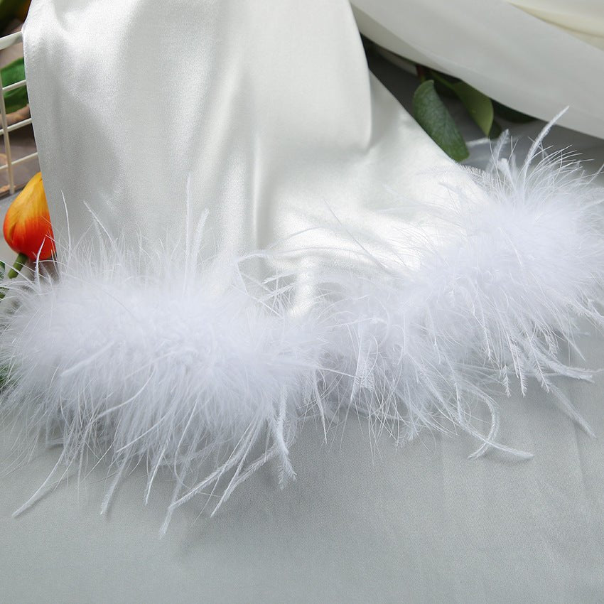 The Feather Whisper | Women's Long - Sleeve Faux Silk Feather Trim Robe - Negative Apparel