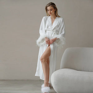 The Feather Whisper | Women's Long - Sleeve Faux Silk Feather Trim Robe - Negative Apparel