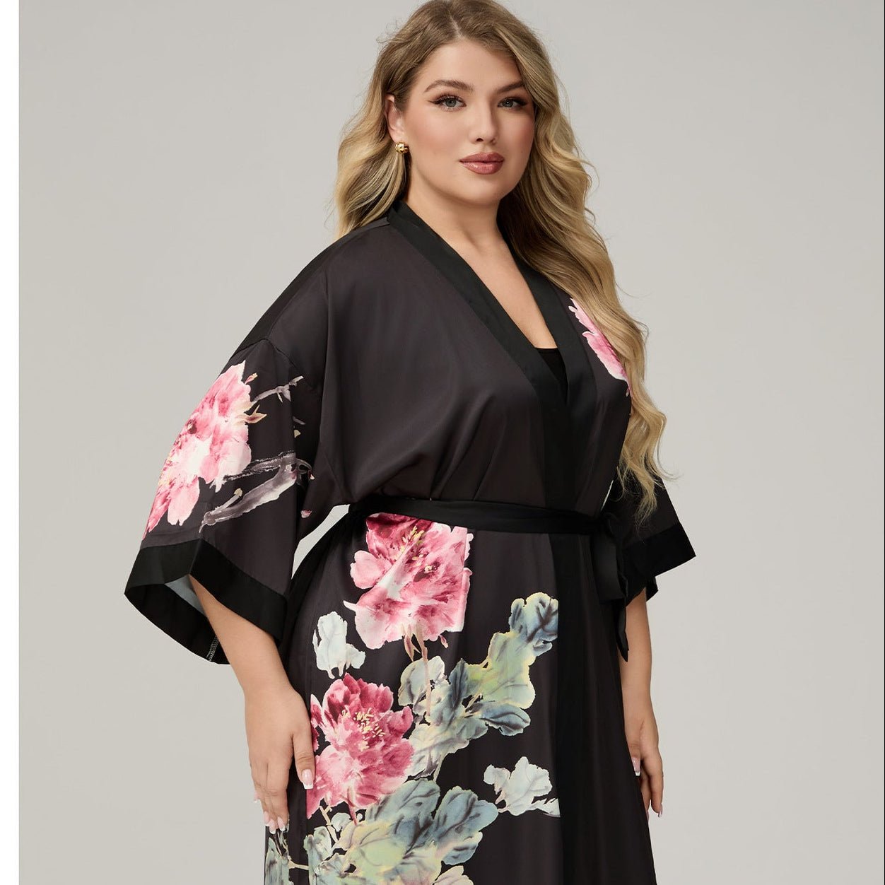 The Floral Luxe | Printed Satin Seven - Eighth Sleeve Robe &amp; Slip Dress Two - Piece Set - Negative Apparel