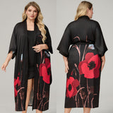 The Floral Luxe | Printed Satin Seven - Eighth Sleeve Robe &amp; Slip Dress Two - Piece Set - Negative Apparel