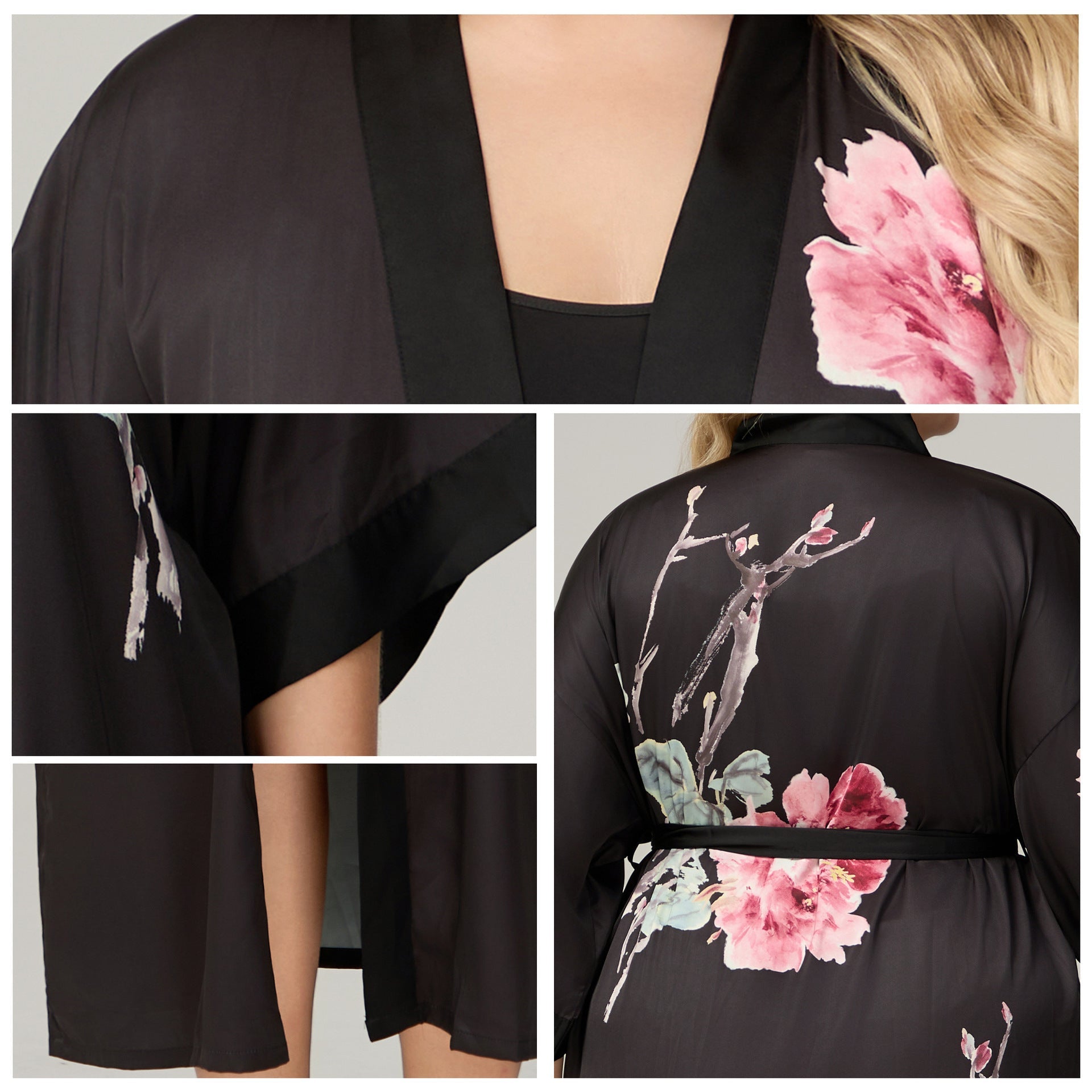 The Floral Luxe | Printed Satin Seven - Eighth Sleeve Robe &amp; Slip Dress Two - Piece Set - Negative Apparel