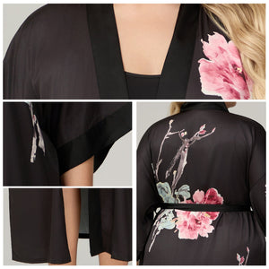 The Floral Luxe | Printed Satin Seven - Eighth Sleeve Robe &amp; Slip Dress Two - Piece Set - Negative Apparel