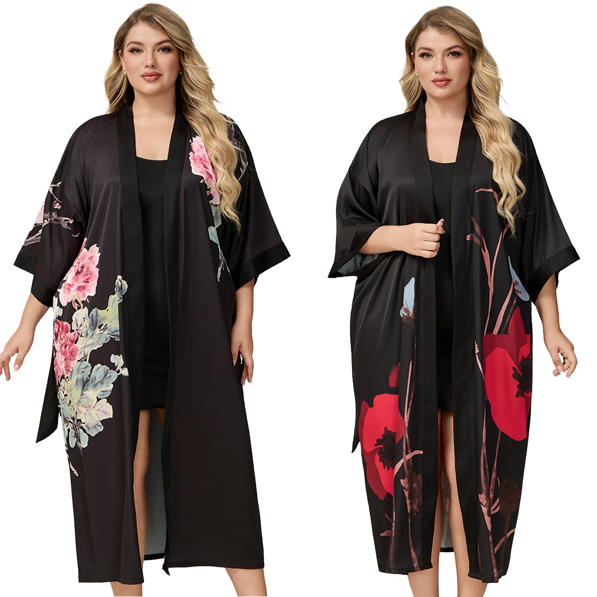 The Floral Luxe | Printed Satin Seven - Eighth Sleeve Robe &amp; Slip Dress Two - Piece Set - Negative Apparel