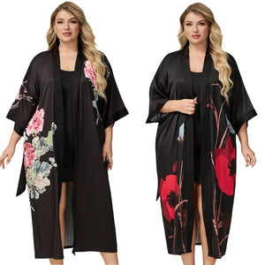 The Floral Luxe | Printed Satin Seven - Eighth Sleeve Robe &amp; Slip Dress Two - Piece Set - Negative Apparel