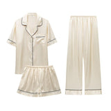 The French Breeze | Solid Color Short - Sleeve Satin Three - Piece Sleep Set - Negative Apparel