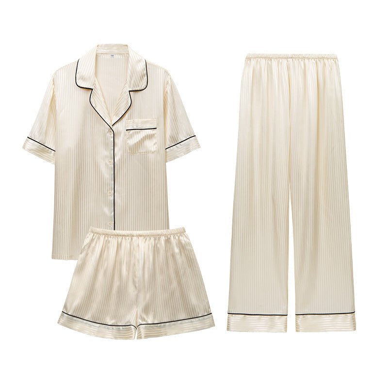 The French Breeze | Solid Color Short - Sleeve Satin Three - Piece Sleep Set - Negative Apparel