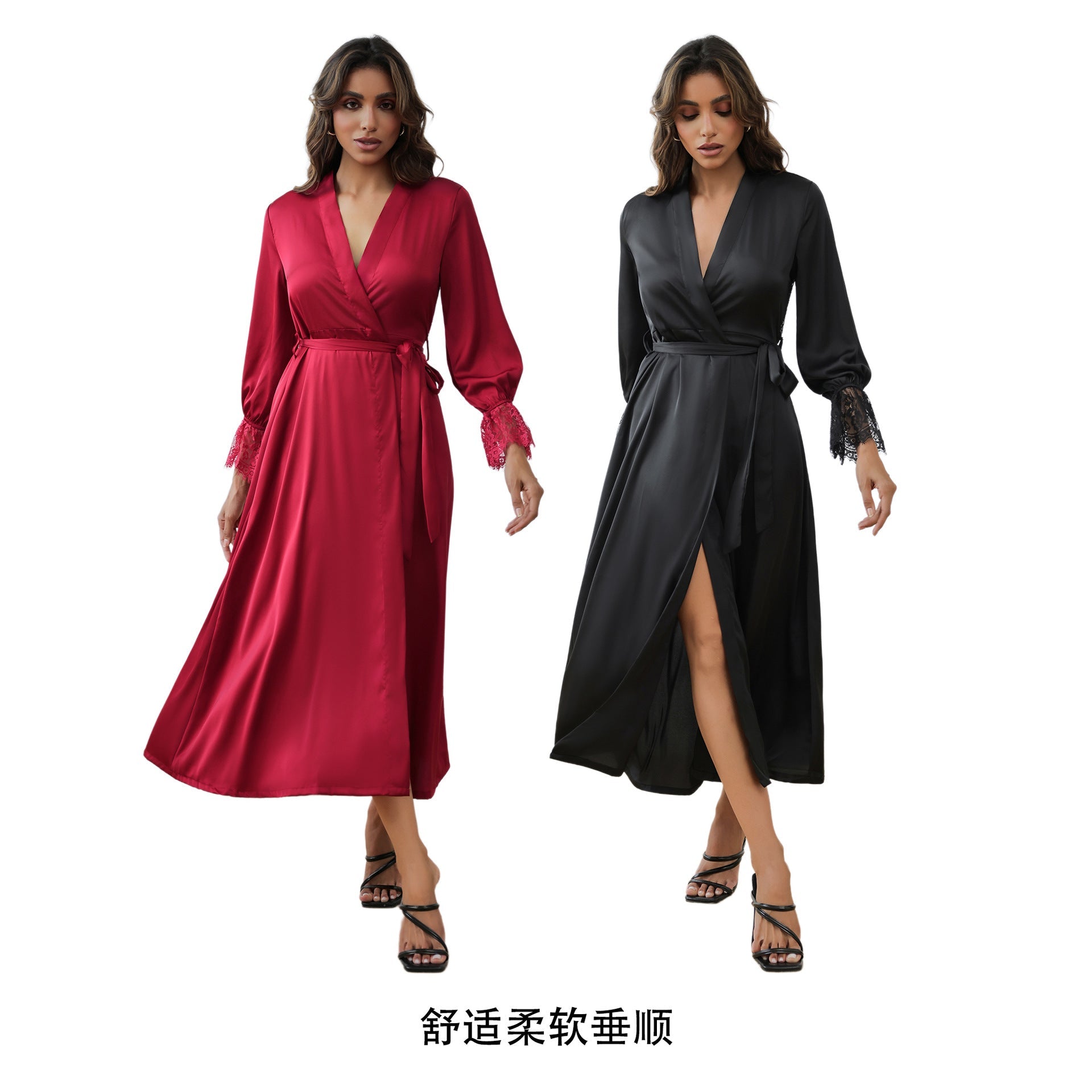 The French Lace | Solid Color Backless Satin Long - Sleeve Romper Sleepwear - Negative Apparel