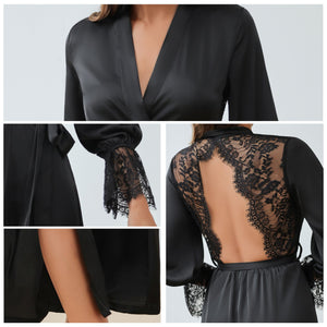 The French Lace | Solid Color Backless Satin Long - Sleeve Romper Sleepwear - Negative Apparel