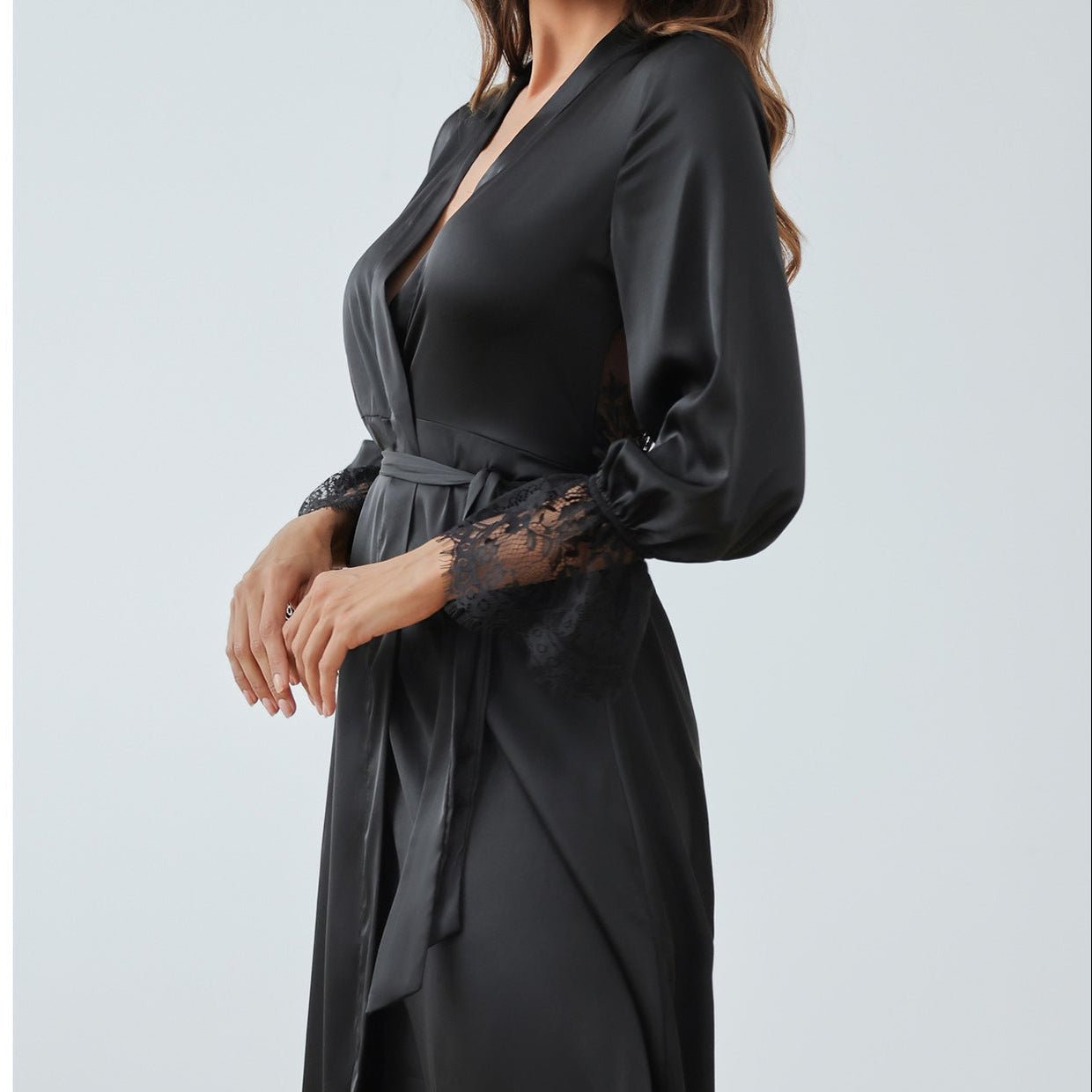 The French Lace | Solid Color Backless Satin Long - Sleeve Romper Sleepwear - Negative Apparel