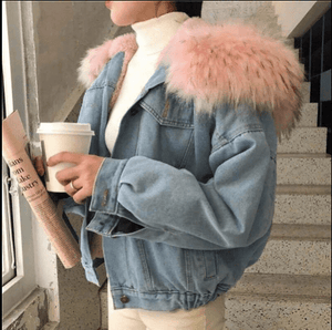 The Fur Accent Denim | Women's Big Fur Collar Loose Short Denim Jacket FD - Negative Apparel